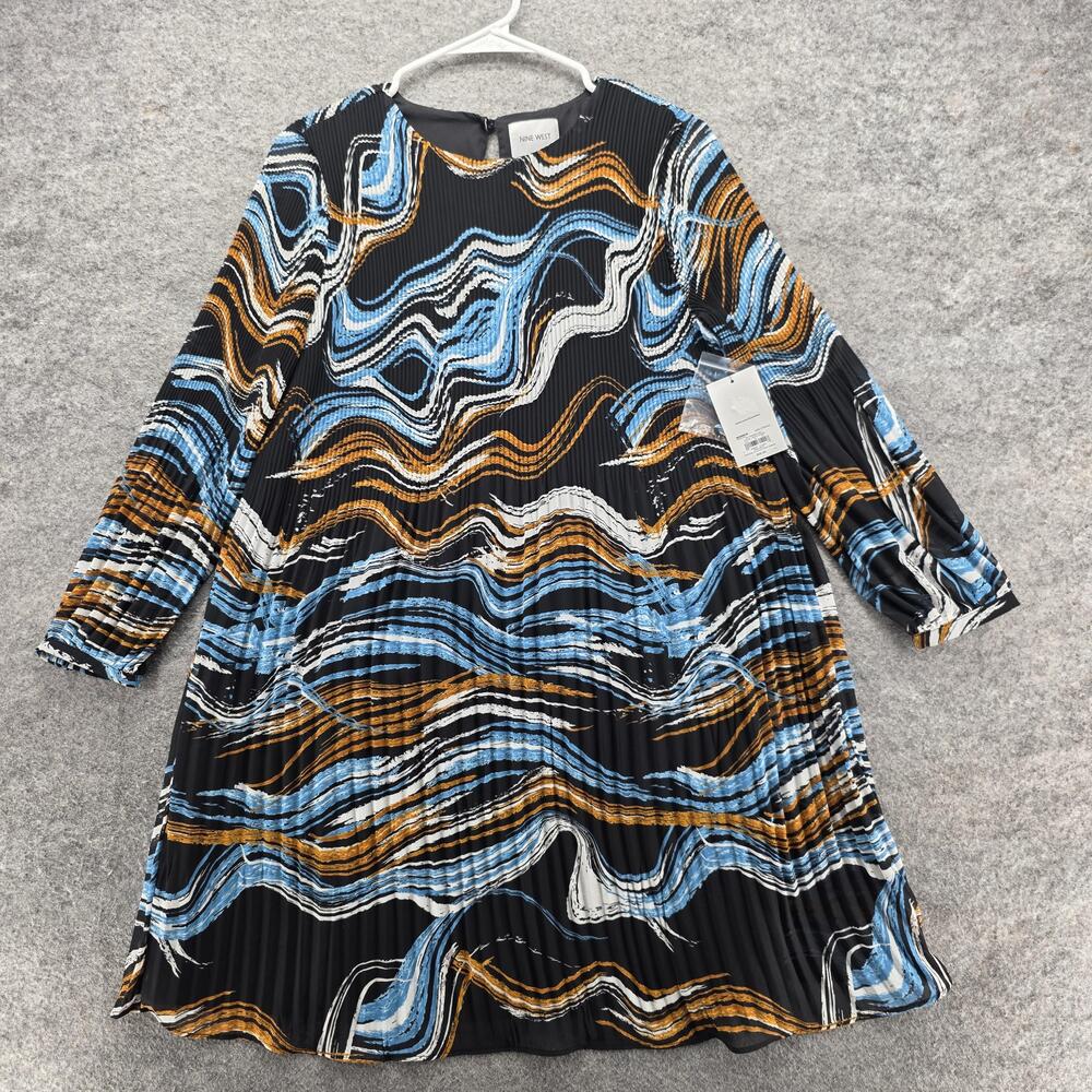 Nine West Dress Womens XS Black Blue Crystal Pleated Shift Lined Long Sleeve
